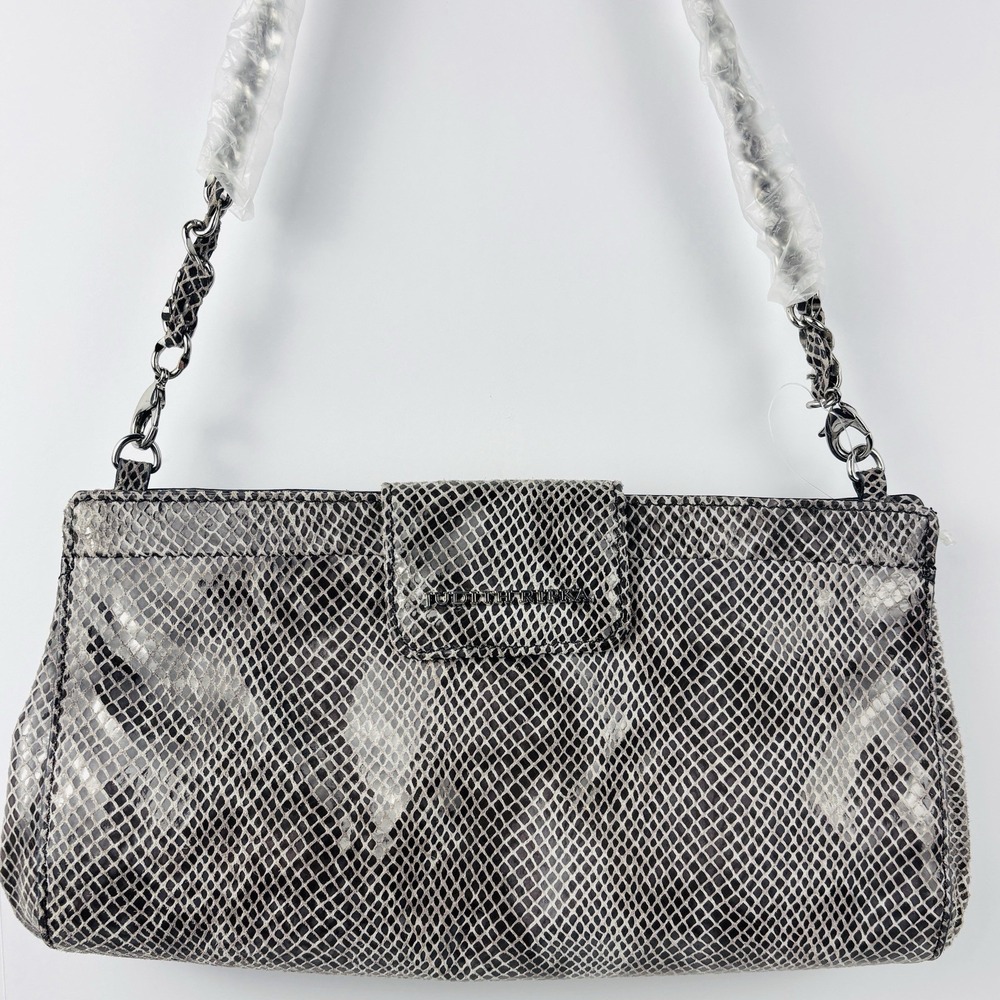 Judith Ripka Gray Snakeskin Embossed Leather Shoulder Bag Chain Strap Purse